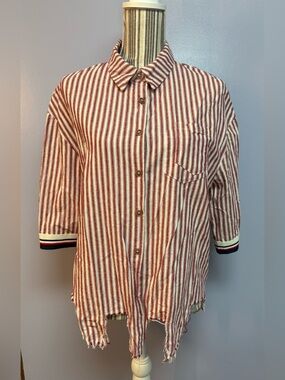 POL Striped Red & White Cotton Casual Button-Up Shirt frayed asymmetric hem S